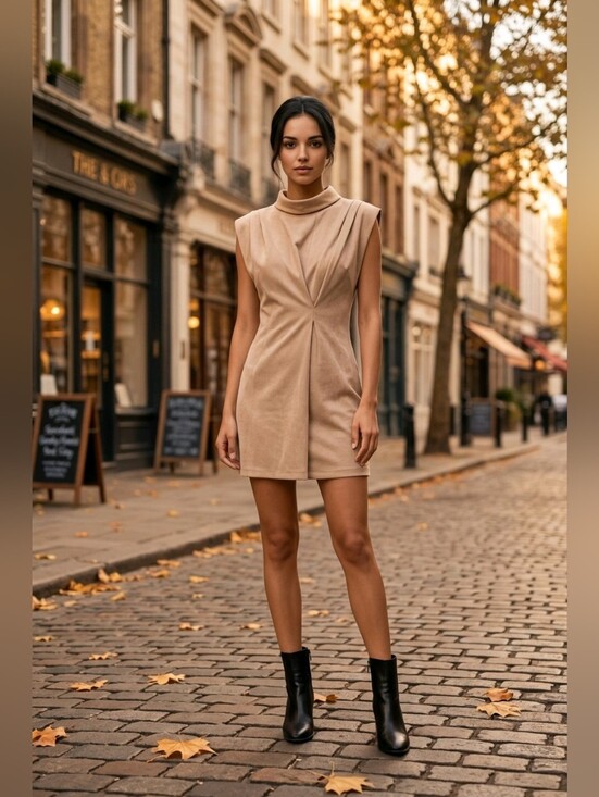 THML Dresses & Skirts - THML NWT Faux Suede Sleeveless Mini Dress in Beige | Cowl Neck